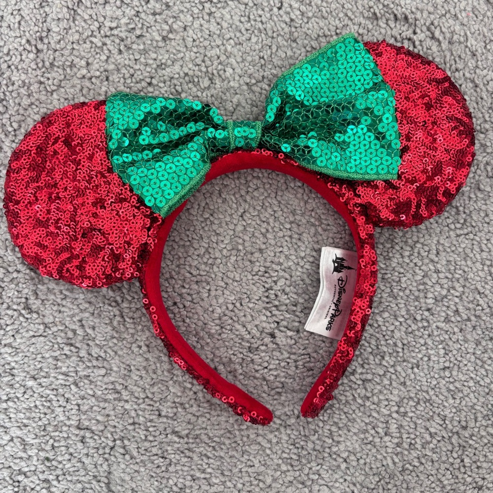 Disney Parks Minnie Mouse Christmas Ears Red Green Sequin Bow Holiday Headband